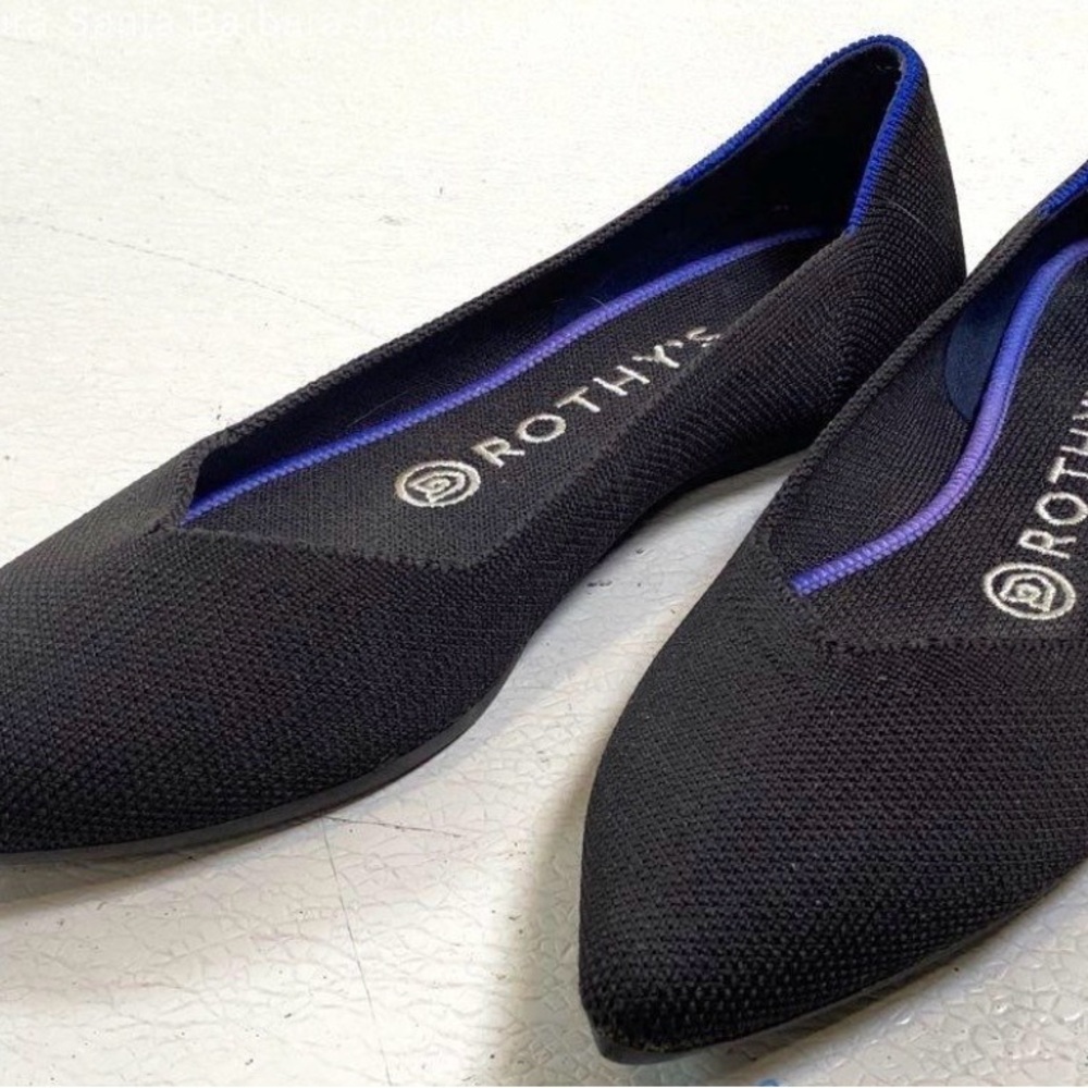 Rothy's Chic Black Flats with Blue Trim